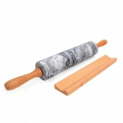 Null CHEFMADE | Teigroller Marmor Mit Griffen Aus Holz | 465x60mm | Backhelfer | Backzubehör | Nudelholz | Welscherholz